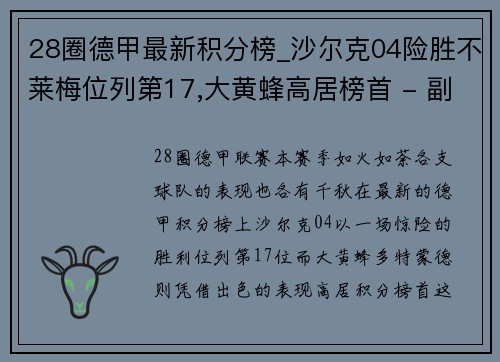 28圈德甲最新积分榜_沙尔克04险胜不莱梅位列第17,大黄蜂高居榜首 - 副本