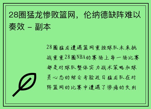 28圈猛龙惨败篮网，伦纳德缺阵难以奏效 - 副本